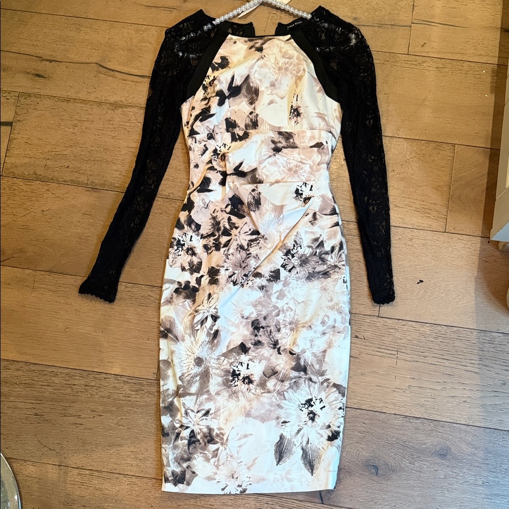 Karen Millen Black and Cream Floral Long Sleeve Dress